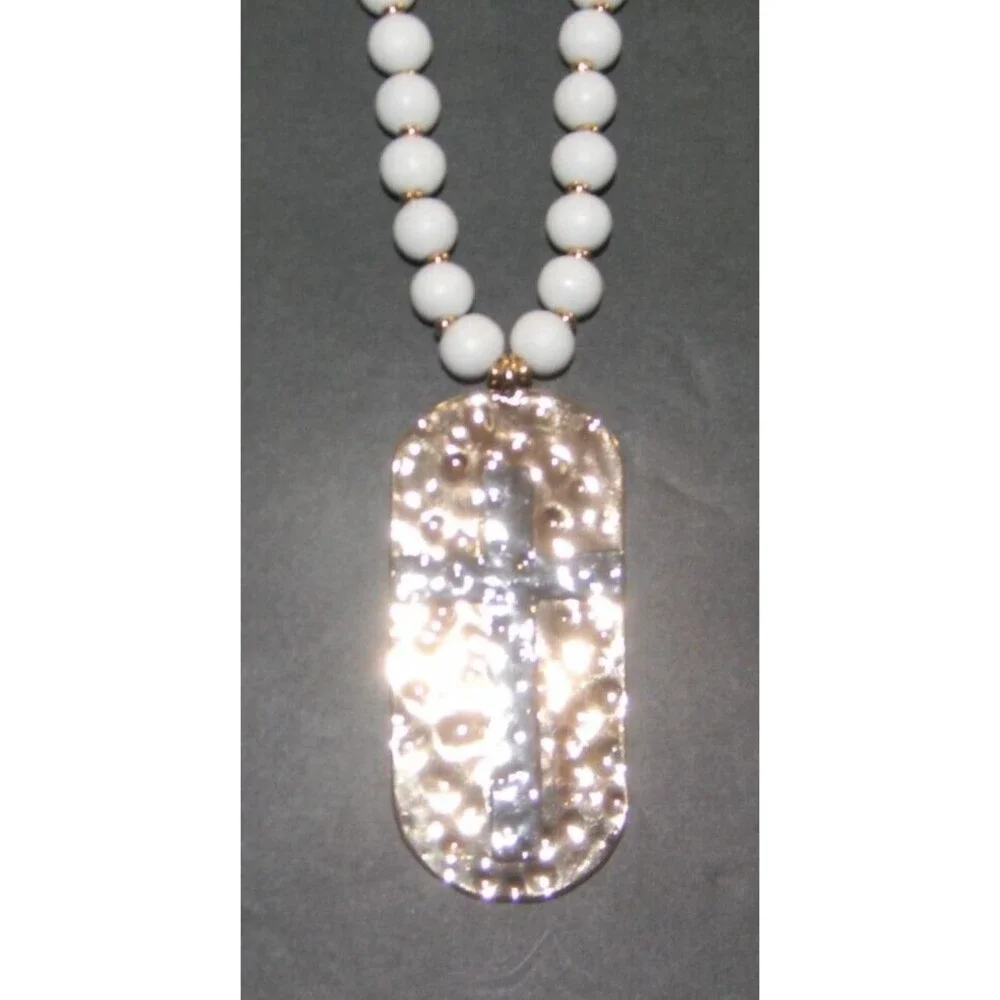 Cross Necklace Contemporary Gold/Silver with White Beads NEW